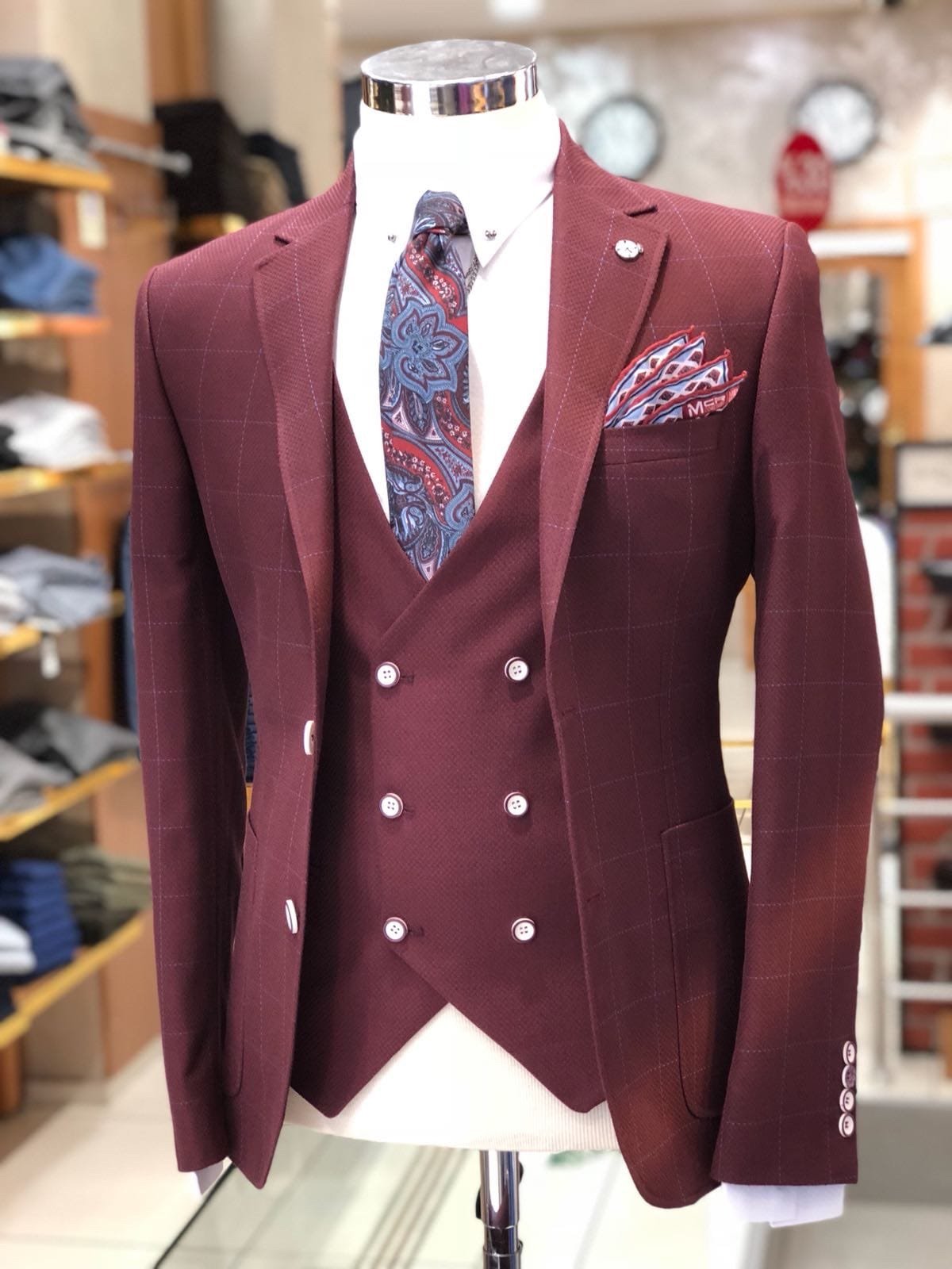 Slim-Fit Plaid Suit Vest Bordeaux