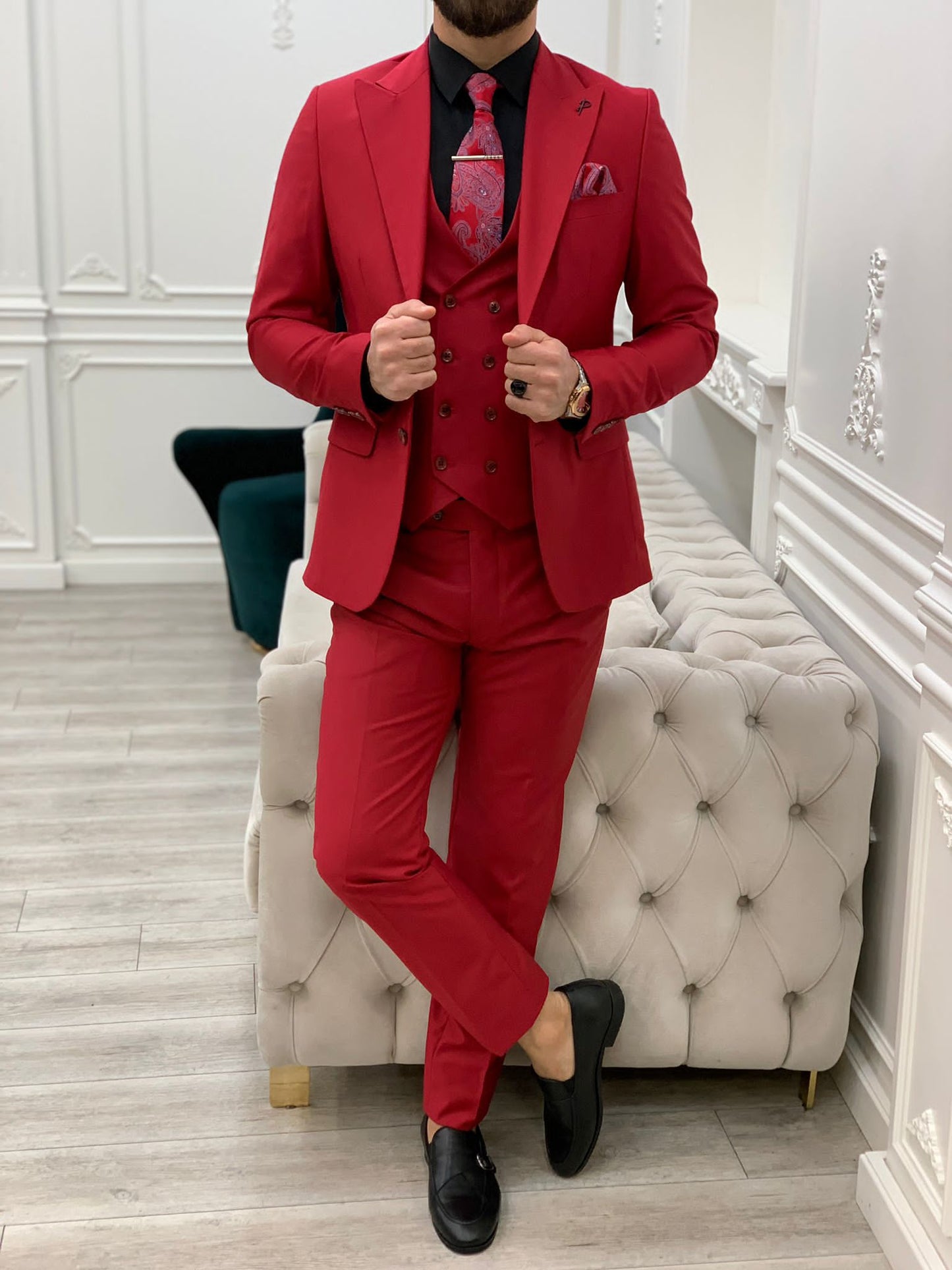 Mazonni Monte Red  Slim Fit Suit