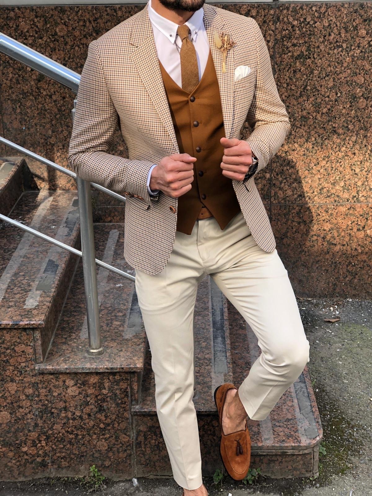 Slim-Fit Plaid Suit Vest Camel