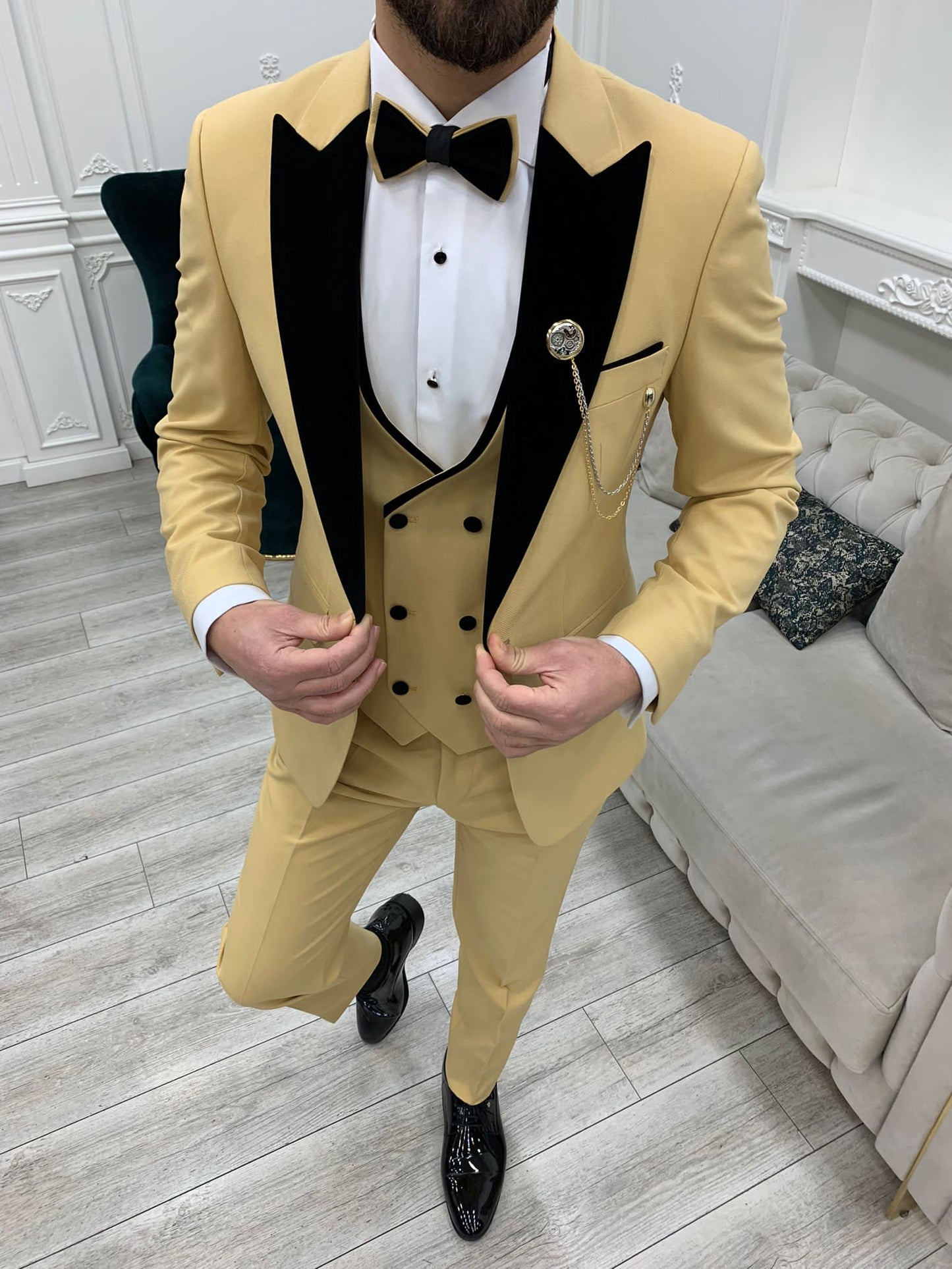 Mazonni Tishko Yellow Velvet  Slim Fit Tuxedo