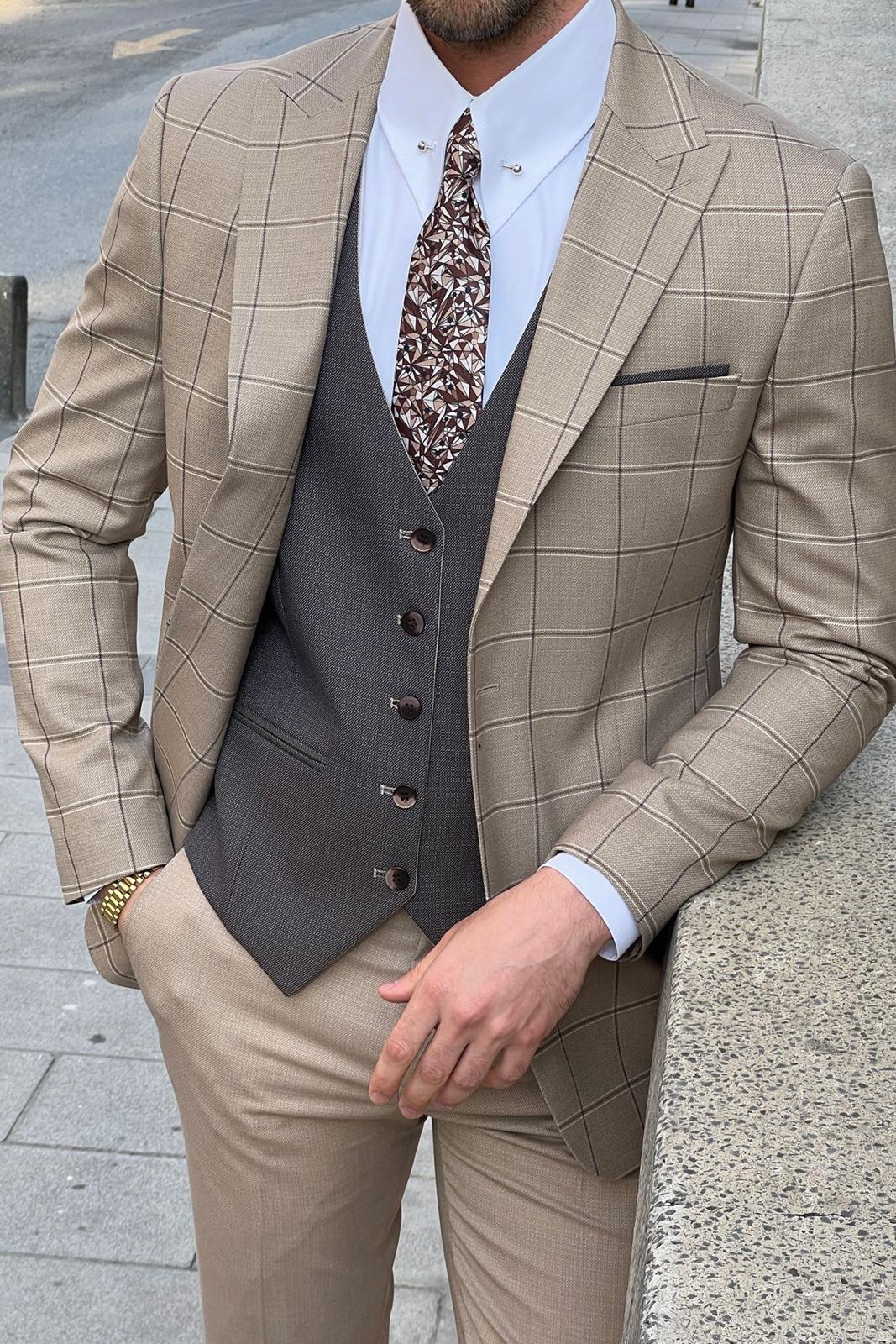 Mazonni Ravenna  Slim Fit Plaid Beige Woolen Combination Suit