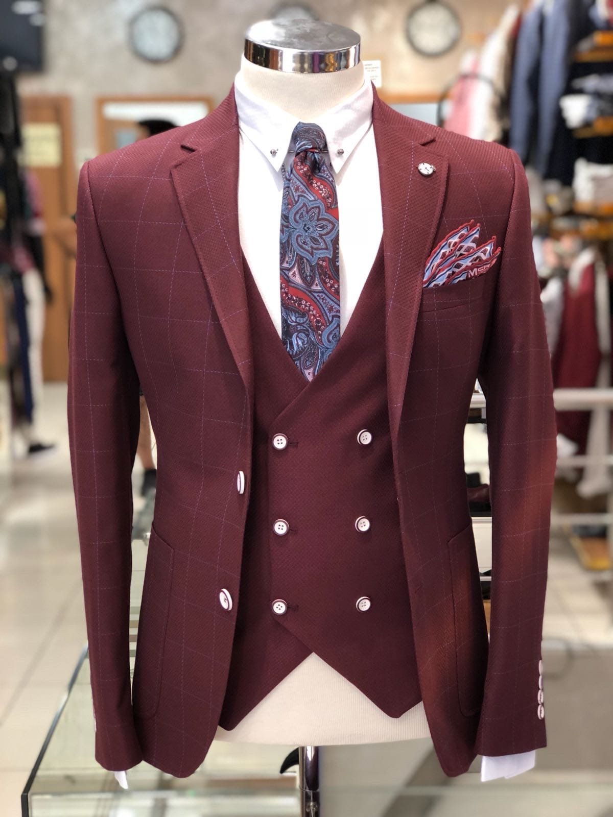 Slim-Fit Plaid Suit Vest Bordeaux