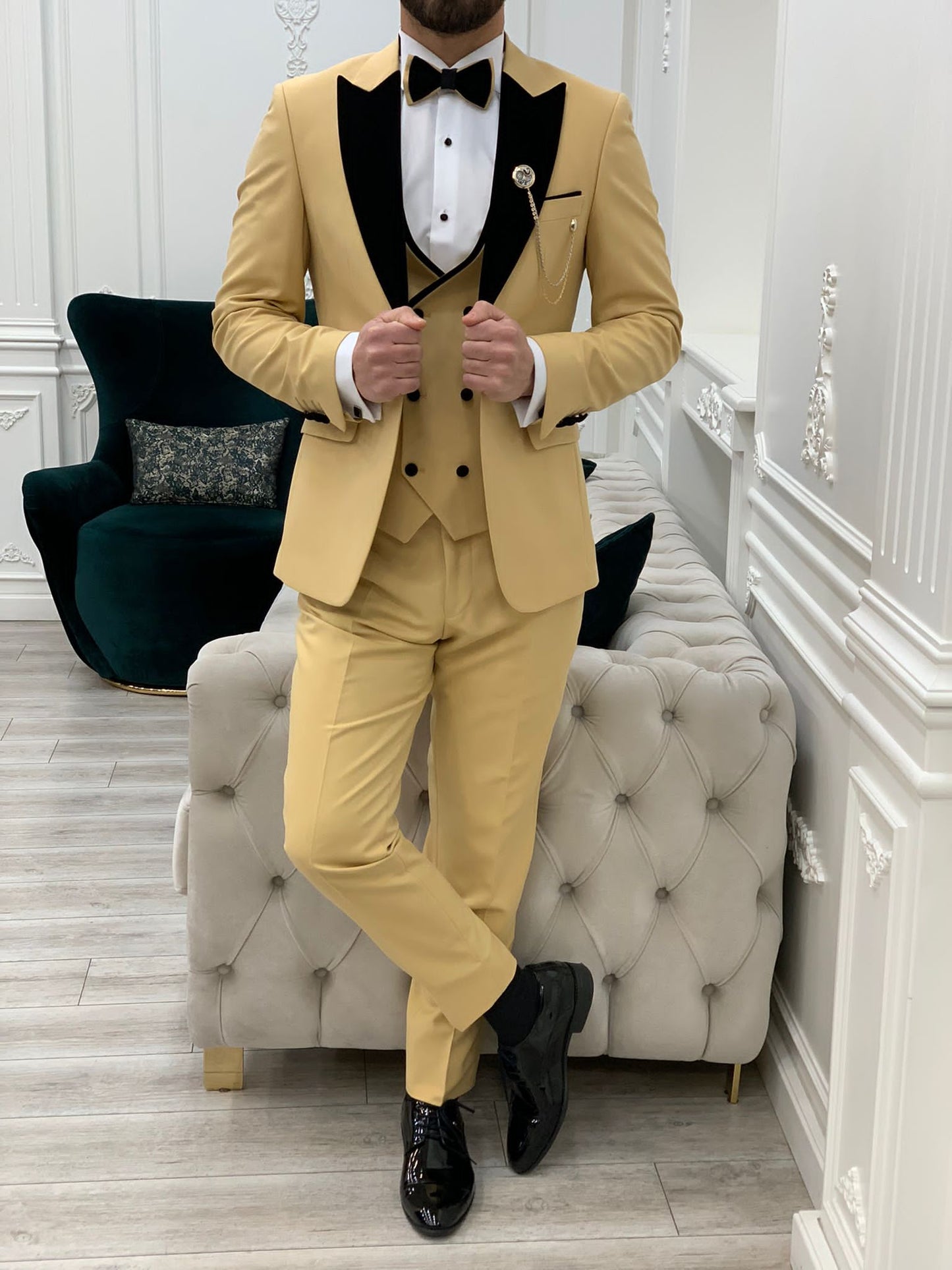 Mazonni Tishko Yellow Velvet  Slim Fit Tuxedo